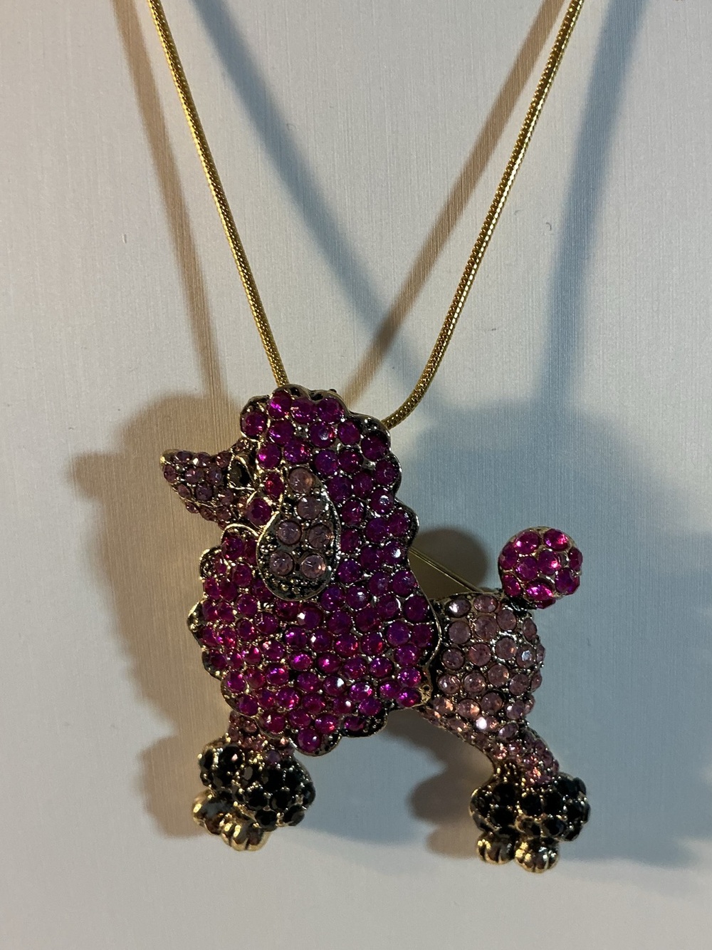 Pink and Dark Black Pave’ Rhinestone Poodle Gold Tone Pendant Brooch